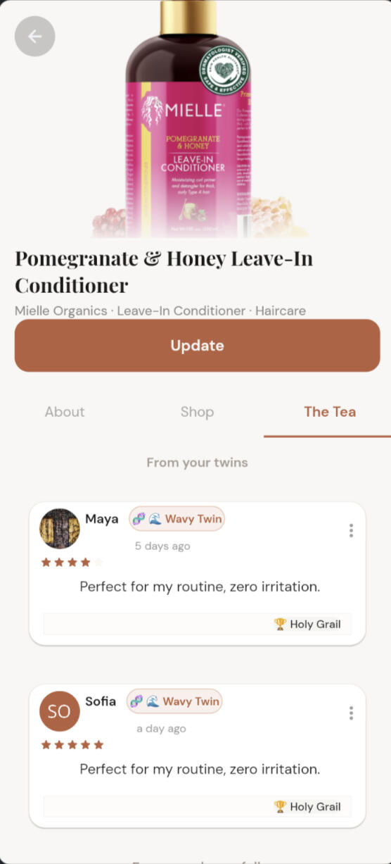 How your twins work: set your traits, meet your twins who share them, and get product recs that actually work for you.